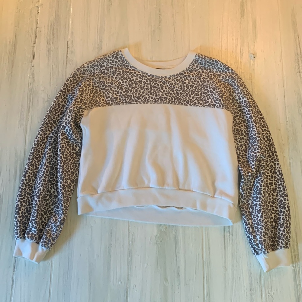 Abercrombie & Fitch Leopard Colorblock Sweatshirt Cropped Balloon Sleeve Sz XS